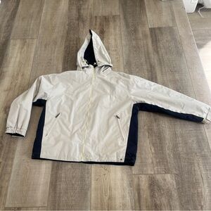 Santco REVERSIBLE Jacket Tan /Navy Fleece Mens M Removablw Hood Full Zip FLAWS